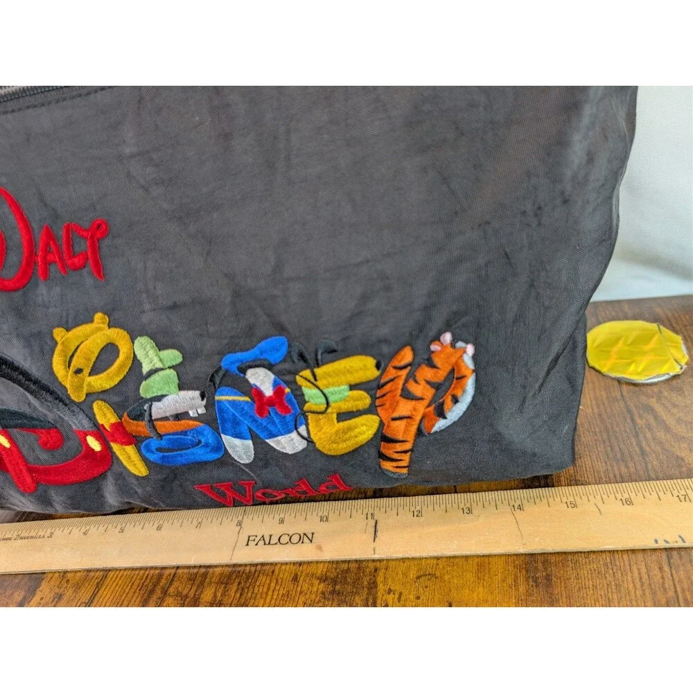 Vtg Walt Disney World Tote Bag Black Nylon Embroidered Character Spell Out Retro